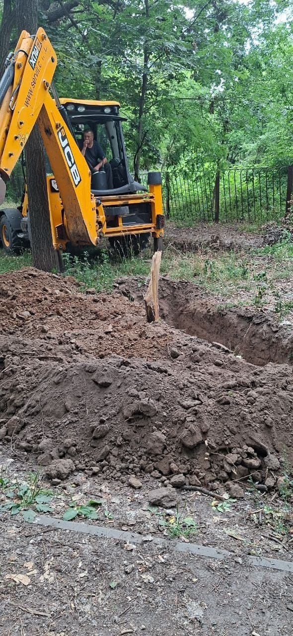 Екскаватор риє траншею біля дерев у парковій зоні на Теремківській